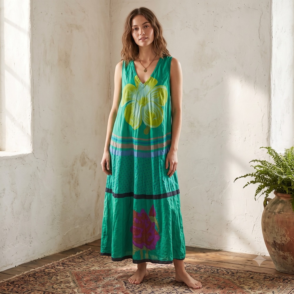 Anthropologie Anupamaa Womens Maxi Dress Small Green Silk V-Neck Floral Boho